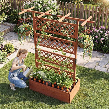 Giantex Raised Garden Bed with Trellis, 72'' Wooden Planter Box Outdoor w/Privacy Screen Roof, Large Vertical Garden Planter w/Drainage Holes for Climbing Plants, Patio Balcony Backyard