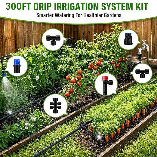 300FT Drip Irrigation System Kit, Quick Push-to-Connect Auto Garden Watering Irrigation System with 70FT 1/2'' & 230FT 1/4'' Tubing, Adjustable Dripper Sprayers for Raised Bed, Lawn, Greenhouse