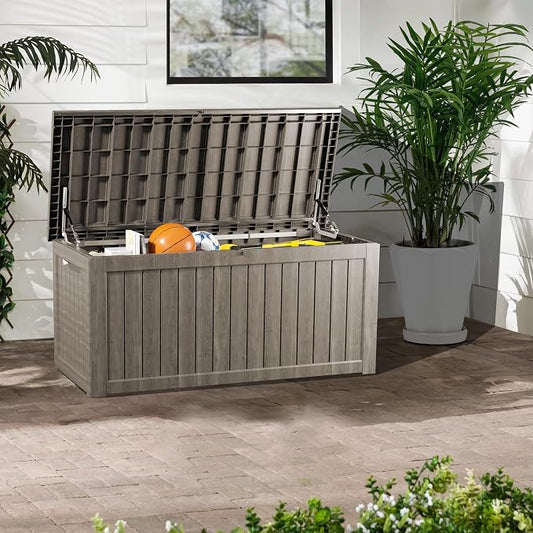 280 Gallon Outdoor Storage Box Waterproof, Lockable Resin Deck Box Large Storage Bin for Patio Furniture Cushion, Garden Tools, Pool Accessories, UV-Resistant Outside Delivery, Grey