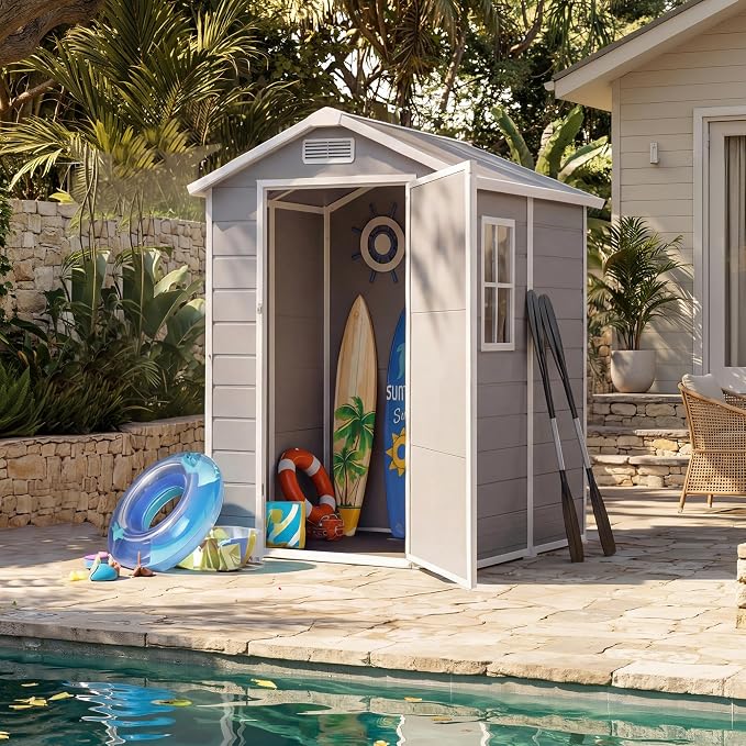 4x6 ft Outdoor Resin Storage Shed with Floor, Lockable Door & Window, Sloping Roof, Plastic Outdoor Sheds with Floor Garden Shed for Backyard Patio Lawn Mower Bike Tool Storage