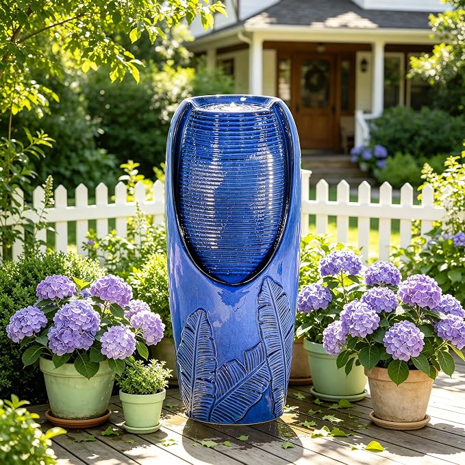 Autodaya 33" H Ceramic Jar Outdoor Water Fountain with Lights, Cobalt Blue | Natural Charm Water Feature with 3D Tropical Leaf Pattern, Soothing Cascading Waterfall for Peaceful Garden Patio Yard Porch