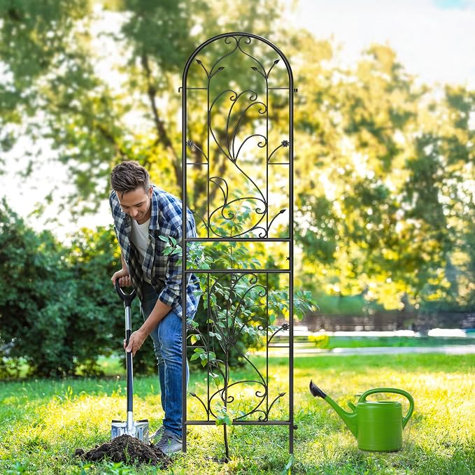 4-Pack 87" x 20" Sunflower Scroll Arch Black Metal Garden Trellises | Set of 4 rust-resistant trellises with floral scrollwork, arched tops, stakes, and support for roses, vines, or vegetables