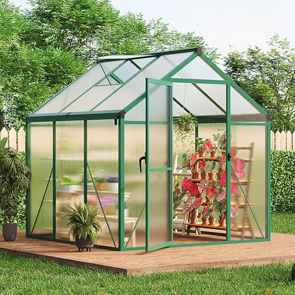 6x6 ft Walk-in Greenhouse, Polycarbonate Panels with Reinforced Aluminum Frame, Large Garden Green House for Planting and Seed Starting, Quick-Assembly Structure with Adjustable Roof Vent