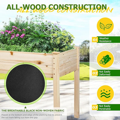 4 FT Outdoor Wooden Raised Garden Bed, Elevated Large Planter Box with Legs for Vegetable/Flower, Standing Growing Bed for Gardening/Backyard/Patio/Balcony, Natural