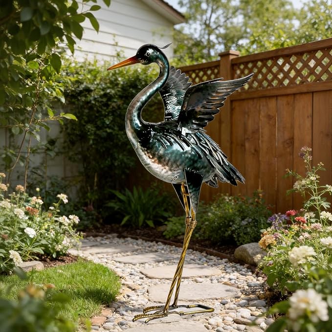 chisheen Crane Garden Statue Metal Heron Outdoor Decor Yard Art Bird Gift | Handcrafted Quality Iron and Handpainted Waterproof Finish