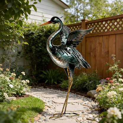 chisheen Crane Garden Statue Metal Heron Outdoor Decor Yard Art Bird Gift | Handcrafted Quality Iron and Handpainted Waterproof Finish