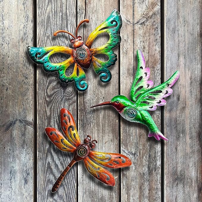 YNGFIL Hummingbird Butterfly Dragonfly Metal Wall Art Decor, Wall Sculpture Decoration Hanging for Home Living Room Bedroom Garden Porch Patio Balcony Ornament for Indoor Outdoor, 3 pack 9 inch