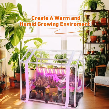 Meonum Mini Greenhouse with Grow Light, 23.6" L x 15.7" W x 19.6" H Portable Greenhouse with Waterproof Bottom Mat, Timer, 3 Light Color Mode for Indoor Outdoor Seed Starter Tray (Mini House Shape)