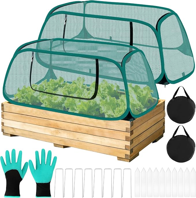 2 Pack Pop Up Garden Cover, 44" x 19" x 17" Foldable Pop-Up Mesh Plant Garden Bed Cover for Raised Beds for Vegetable, with 10 Labels/ 8 Stakes/ 2 Storage Bag/Gloves