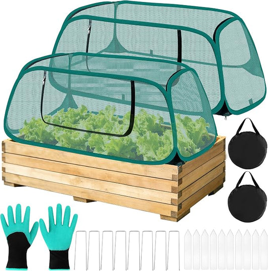 2 Pack Pop Up Garden Cover, 44" x 19" x 17" Foldable Pop-Up Mesh Plant Garden Bed Cover for Raised Beds for Vegetable, with 10 Labels/ 8 Stakes/ 2 Storage Bag/Gloves