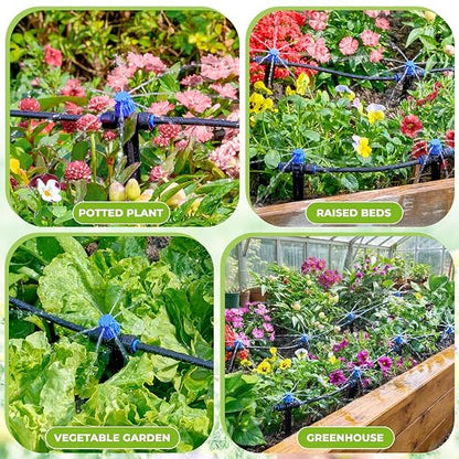 HIRALIY 100FT Drip Irrigation Kit with Timer, Quick-Connect Garden Watering System with 80FT 1/4" Tubing, 20FT Main Hose, 24 Adjustable Drippers for Raised Beds, Lawn & Greenhouse