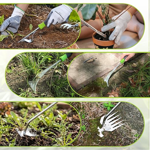 WORKPRO 3-Piece Weed Puller Tool Set | 15" 6-Tine Weed Remover, 12" Hand Weeder, 12.5" Crack Weeder, Stainless Steel with Ergonomic Handle for Lawn, Garden, Yard