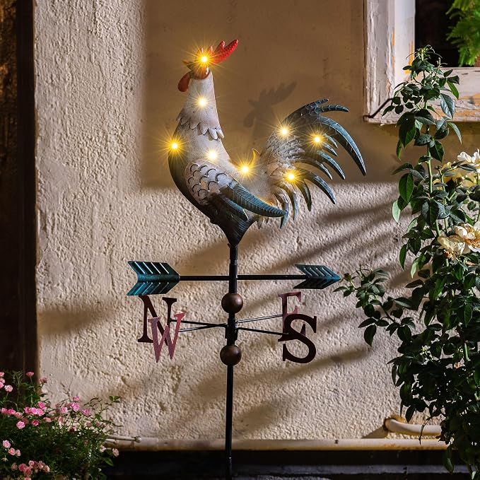 TERESA'S COLLECTIONS Garden Decor with Solar Outdoor Lights, White Rooster Yard Art Sign for Outside, 34'' Metal Weathervane Decorative Garden Stake for Outdoor Decor, Lawn, Gifts for Mom