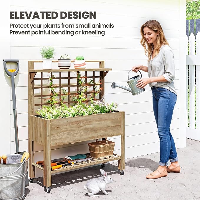 Outsunny 41" Raised Garden Bed with Trellis on Wheels, Wooden Elevated Planter Box with Legs and Bed Liner, for Flowers, Herbs & Vegetables, Dark Brown