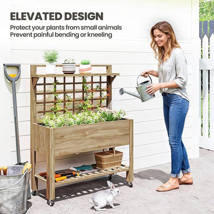 Outsunny 41" Raised Garden Bed with Trellis on Wheels, Wooden Elevated Planter Box with Legs and Bed Liner, for Flowers, Herbs & Vegetables, Dark Brown