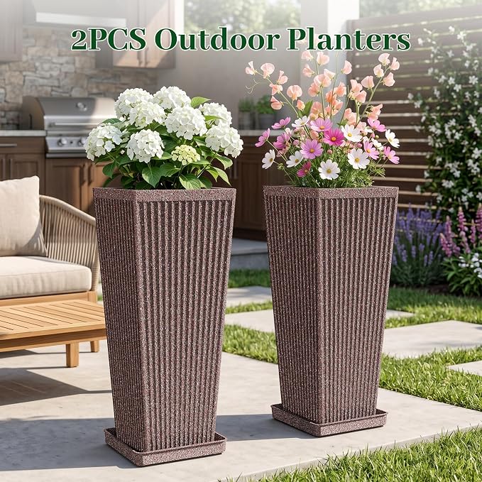 24" Square Tall Planters for Outdoor Plants Set of 2 - Faux Concrete Classic Tapered Indoor Flower Pots with Tray/Drainage Holes/Partition, Large Outdoor Planters for Porch Patio Garden, Brown