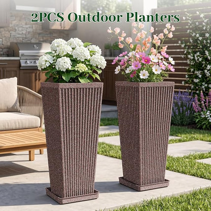 24" Square Tall Planters for Outdoor Plants Set of 2 - Faux Concrete Classic Tapered Indoor Flower Pots with Tray/Drainage Holes/Partition, Large Outdoor Planters for Porch Patio Garden, Brown