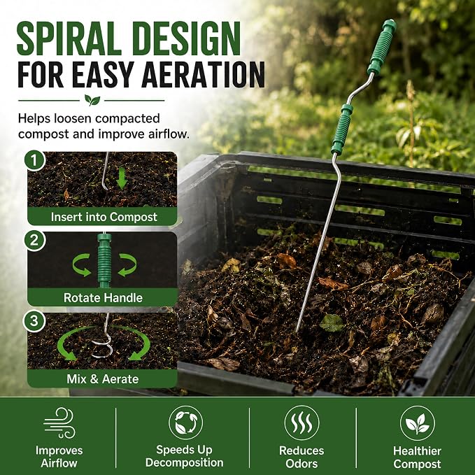 46.5" Compost Aerator Tool, Manual Compost Turner, No Assembly Stainless Steel Compost Stirring Tool for Compost Bins, Outdoor Compost Piles & Backyard Composting, Wall Mount Hook
