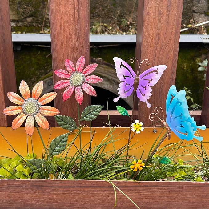 Metal Flowers for Outside, 16.15" 4-Pack Metal Colorful Butterfly & Flower Decorative Garden Stakes for Spring Garden Decor, Shaking Head Yard Art Decorations for Patio Lawn Ornaments