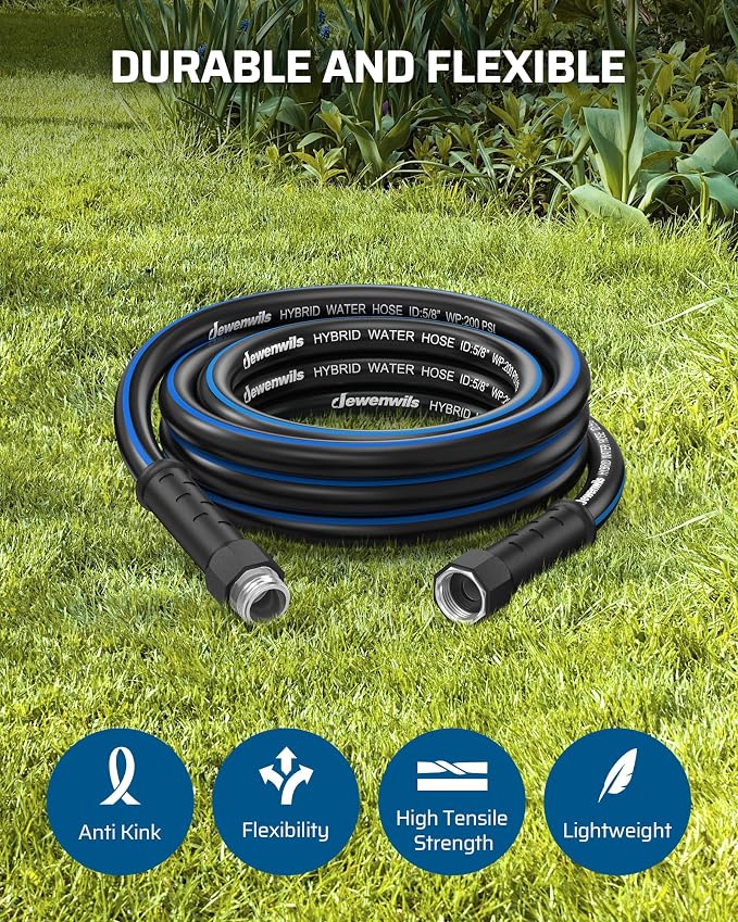 DEWENWILS Garden Hose 25 ft x 5/8", Hybrid Water Hose with Rotate Handle, Heavy Duty, Lightweight, Flexible Hose for Plants, Car, Yard, 3/4 Inch Solid Fittings, Drinking Water Safe, Black Blue