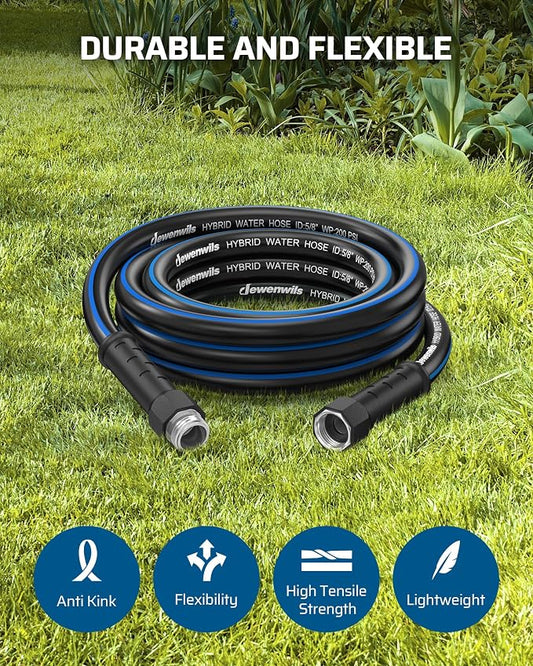 DEWENWILS Garden Hose 25 ft x 5/8", Hybrid Water Hose with Rotate Handle, Heavy Duty, Lightweight, Flexible Hose for Plants, Car, Yard, 3/4 Inch Solid Fittings, Drinking Water Safe, Black Blue