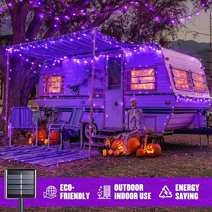 JMEXSUSS 2 Pack Solar Halloween Lights, Total 66 FT 200 LED, Purple | Outdoor Waterproof, 8 Modes Solar String Lights for Outside Patio Christmas Tree Garden Yard Halloween Decorations