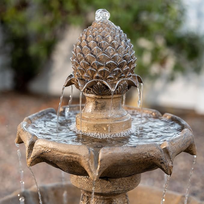 XBrand 44" Solar Powered Outdoor 2-Tier Cascading Water Fountain, Fiberglass Resin Garden & Patio Solar Fountain, Beige