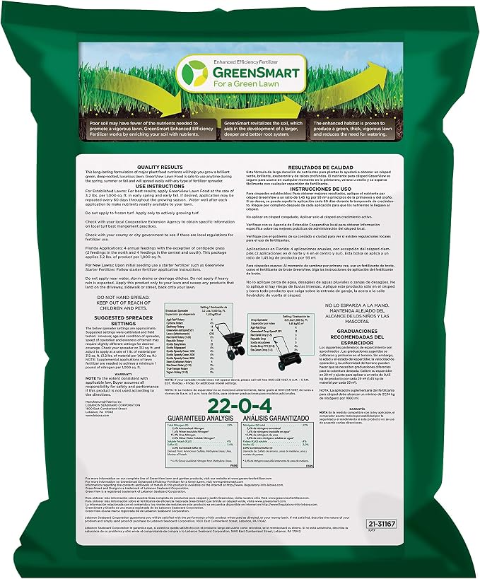 GreenView Lawn Food 48 lb. Bag, Covers 15,000 sq. ft. | 22-0-4 NPK formula - Restores soil nutrients - 8 weeks continuous feeding
