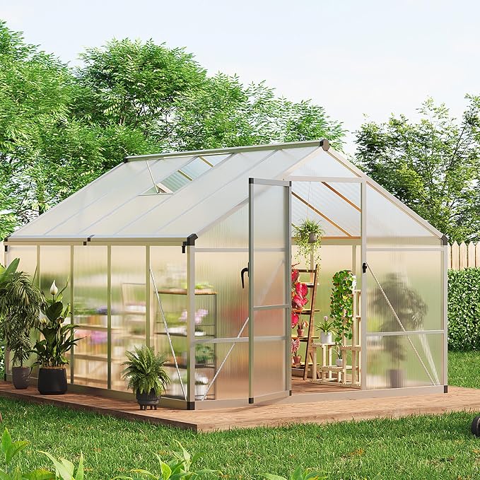 8x10 FT Greenhouse, Greenhouses for Outside, Polycarbonate Greenhouse with Aluminum Frame, Lockable Door and Ajustable Roof Vent for Backyard, Green Houses for Outside Garden Backyard, Patio
