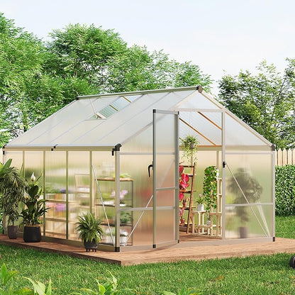 8x10 FT Greenhouse, Greenhouses for Outside, Polycarbonate Greenhouse with Aluminum Frame, Lockable Door and Ajustable Roof Vent for Backyard, Green Houses for Outside Garden Backyard, Patio