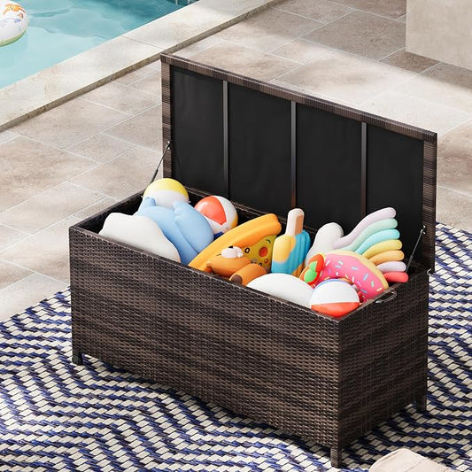 185 Gallon Outdoor Wicker Deck Box, All-Weather Waterproof Patio Storage with PE Rattan Finish & Steel Frame, for Cushions, Garden Tools, Pool Supplies, Lockable Brown Storage Box with Soft-Close Lid