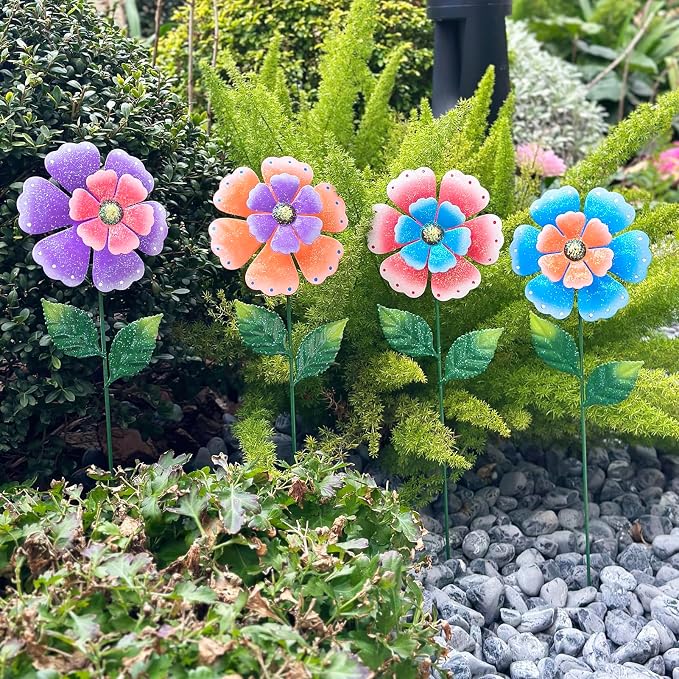 Metal Flowers for Outside, 4 Pcs 16.5 Inch Decorative Garden Stakes, Hand Painted Tin Metal Garden Decor with Glitter, Weather Resistant Outdoor Art for Patio Lawn Yard