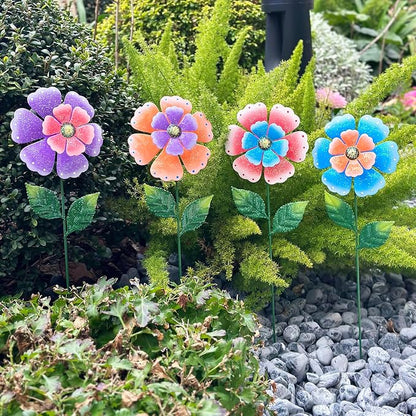 Metal Flowers for Outside, 4 Pcs 16.5 Inch Decorative Garden Stakes, Hand Painted Tin Metal Garden Decor with Glitter, Weather Resistant Outdoor Art for Patio Lawn Yard