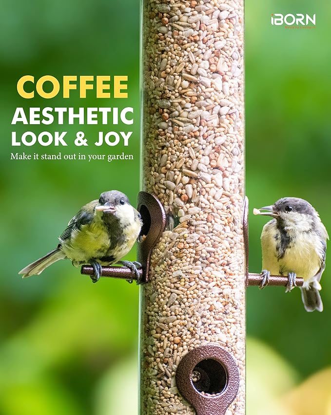iBorn Metal Bird Feeder Hanging Wild Bird Seed Feeder for Mix Seed Blends Heavy Duty All Metal Coffee Finish,15 Inch 6 Port(Seed is not Included)