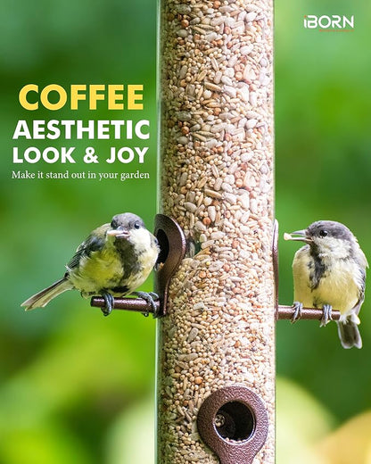 iBorn Metal Bird Feeder Hanging Wild Bird Seed Feeder for Mix Seed Blends Heavy Duty All Metal Coffee Finish,15 Inch 6 Port(Seed is not Included)