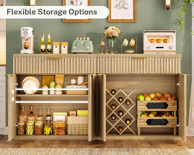 TEENFON Fluted Buffet Cabinet with Storage, 63" Sideboard Cabinet, Coffee Bar Cabinet with 2 Doors and Adjustable Shelf for Living Room, Kitchen, Entryway, Natural
