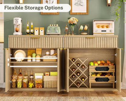 TEENFON Fluted Buffet Cabinet with Storage, 63" Sideboard Cabinet, Coffee Bar Cabinet with 2 Doors and Adjustable Shelf for Living Room, Kitchen, Entryway, Natural