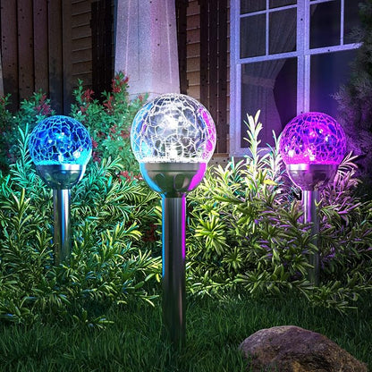 Solar Pathway Lights 3 Pack, Color Changing Globe Lights for Garden Decor | Cracked Glass Ball Outdoor Lights Solar Powered, Colored Solar Lights Outdoor Decorative Waterproof