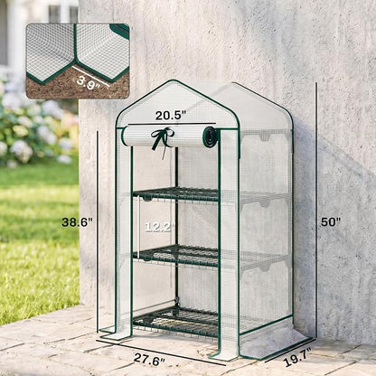Outsunny 3 Tier Mini Greenhouse with Screen Roof, 27.6" x 19.7" x 50", Portable Small Greenhouse with High Strength PE Cover, Roll-Up Zipper Door for Garden Yard Backyard, White