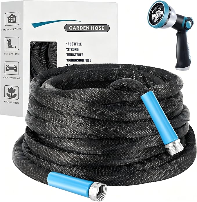 50FT Black Garden Hose, Lightweight No Kink Water Hose with 10 Function Spray Nozzle, 3/4 Inch Rust-Proof Aluminum Leak-Proof Connector for Yard Garden RV Outdoor Watering