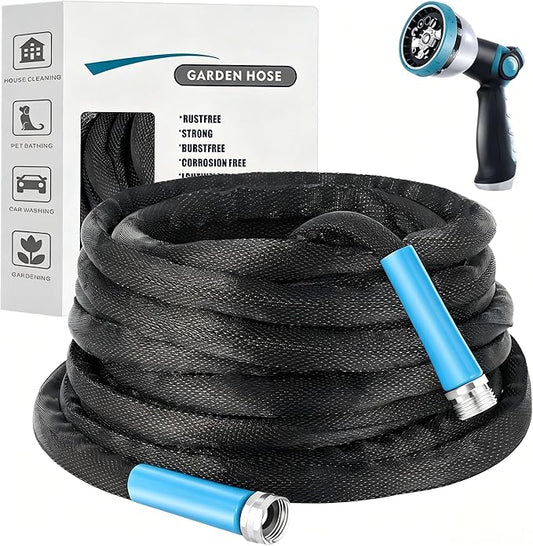 50FT Black Garden Hose, Lightweight No Kink Water Hose with 10 Function Spray Nozzle, 3/4 Inch Rust-Proof Aluminum Leak-Proof Connector for Yard Garden RV Outdoor Watering