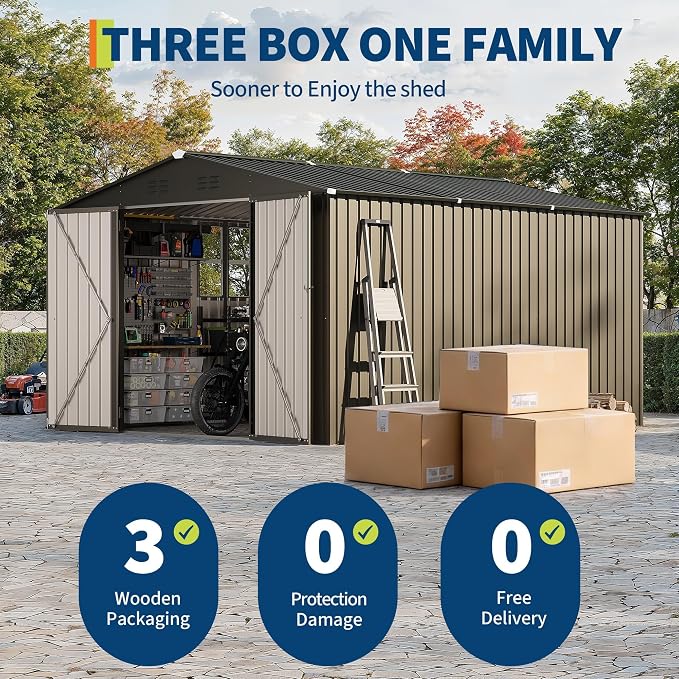 10X12 FT Storage Shed，Lockable Gable Roof Garden Shed with Grid Window, All-Weather Resistant Storage Unit for Bikes, Ladders, Patio Supplies & Garden Essentials