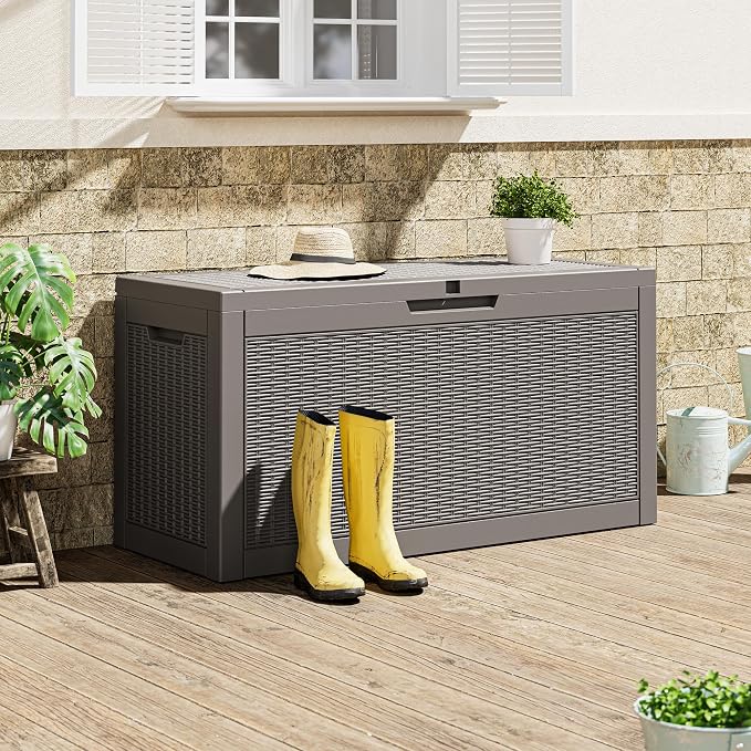 Outdoor Storage Box, 60 Gallon Resin Deck Boxes Outdoor Waterproof For Patio Furniture, Garden Tools, Pool Supplies, Lockable And UV Resistant (Rattan Gray)