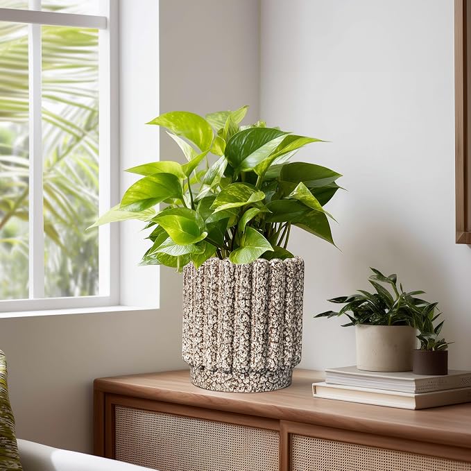 Ceramicfor Ceramic Plant Pot, 7.6 Inch, Leopard Print White | Drainage Hole, Fluted Round Planter, Indoor Plants, Outdoor Decorative, Garden Gifts