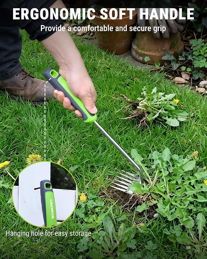 WORKPRO 15-Inch 6-Tine Weed Puller Tool for Deep Root Removal | Stainless Steel Hand Weeder with Ergonomic Soft Grip for Removing Dandelions and Deep-Rooted Weeds in Lawn, Garden and Yard
