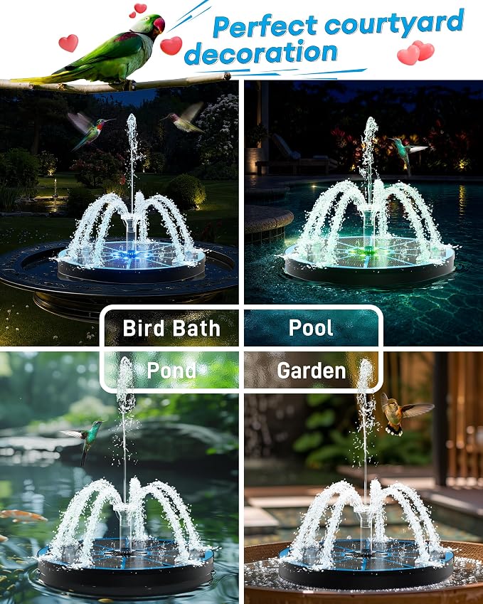 3.5W Solar Fountain,Upgraded 100% Glass Panel Solar Bird Bath Fountain with 2000mAh Battery,7 Color RGB LED Lights & 6 Nozzles,Solar Fountain for Bird Bath,Garden, Pond, Pool, Outdoor Decor(Blue)