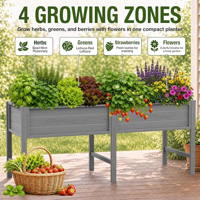 YEFU 72" Large Raised Garden Bed, Wood-Look HIPS 6ft Extra Large Bed, Grey | Extra Large Garden Bed for Backyard Growing, 6ft Design, Wood-Look HIPS, Drainage, 770 lbs High Capacity Support