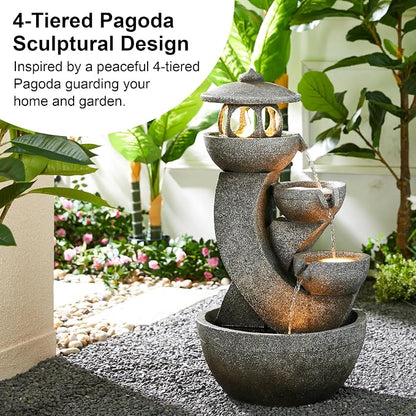 Glitzhome Pagoda Outdoor Water Fountain with LED Light, 4-Tier Oversized Cascading Stacked Stone Waterfall Fountains, Natural Stone Look Outdoor Fountain for Garden Patio Porch, 32”H