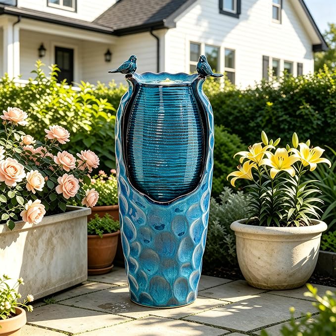 Autodaya 33" Vase Ceramic Outdoor Water Fountain with Lights and Birds | teal blue glazed water feature with textured design, ambient soothing cascading water flow for garden patio yard sanctuary