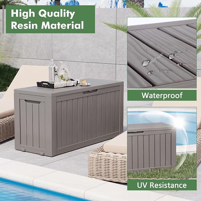 Outdoor Storage Box, 80 Gallon Resin Waterproof Deck Box with 4 Wheels and Lockable Lid for Patio Furniture, Outdoor Cushions, Garden Tools, Grey